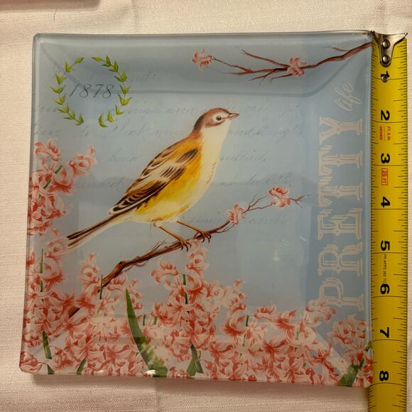 Pretty Life Bird Floral Glass Square Plates Set of 3 Decorative 7" Vintage Style - Picture 5 of 5